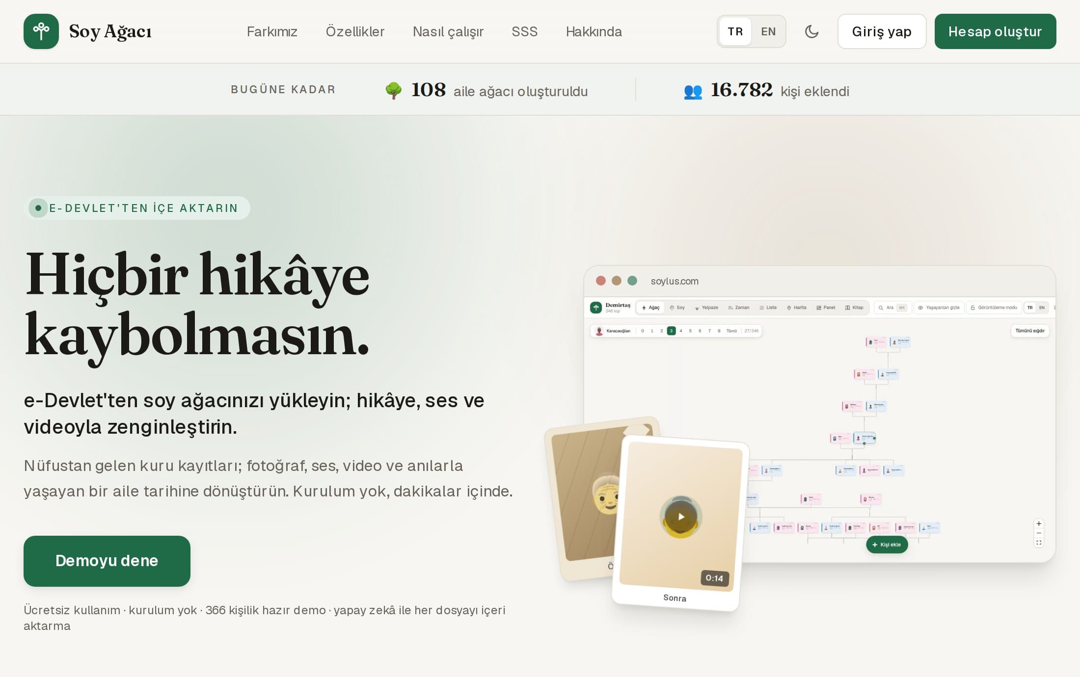 Soylus'un tanıtım ekranı: e-Devlet'ten içe aktarma, kuşaklara yayılmış aile ağacı ve anı kartları.